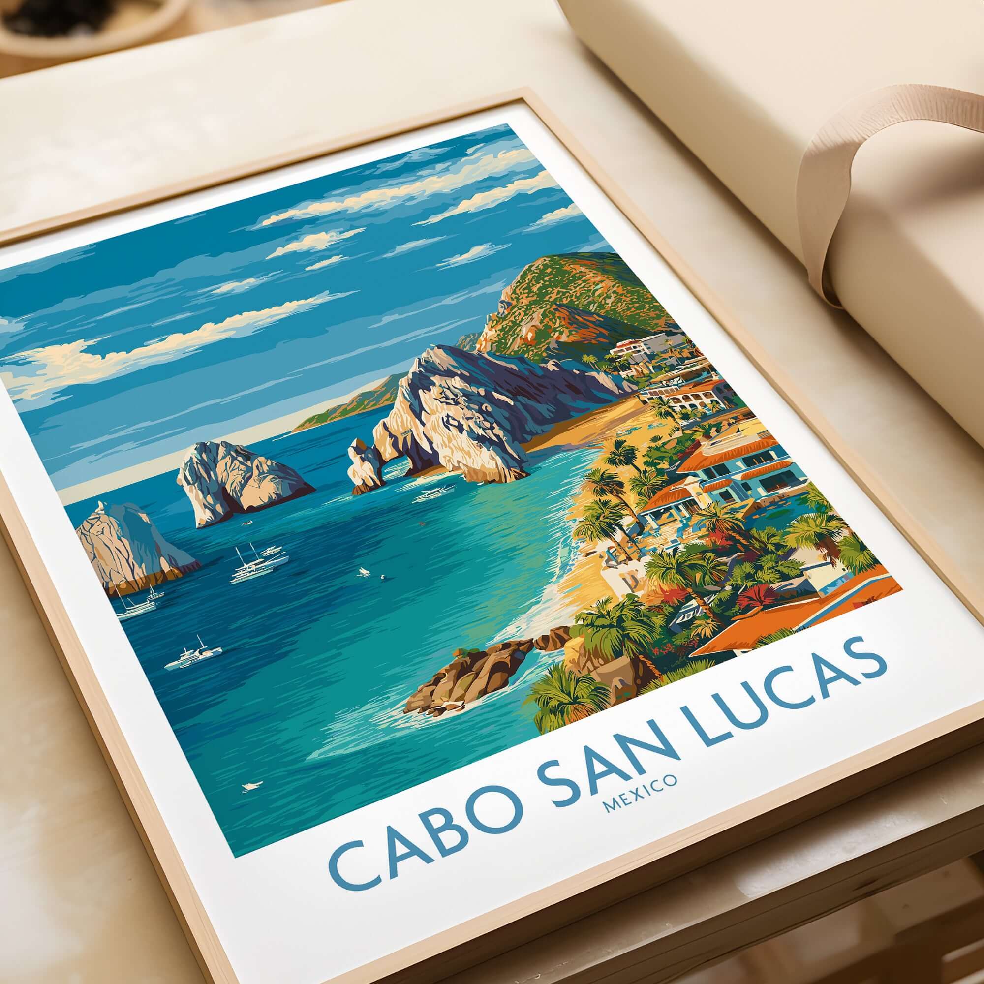 Mexico Cabo San Lucas Coastline Travel Poster Resort View Print Seascape Wall Art showcasing vibrant coastline and rocky outcrops.
