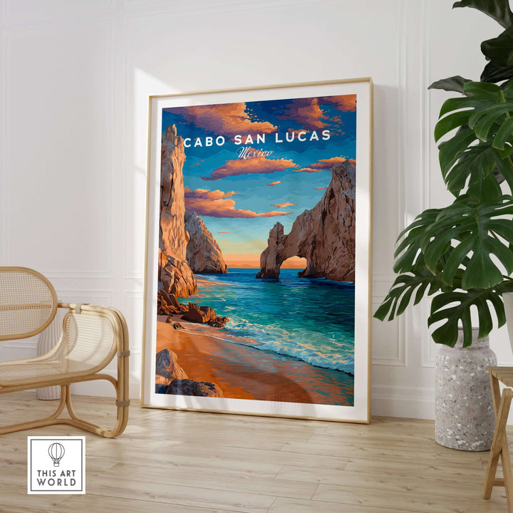 Cabo San Lucas sunset poster featuring El Arco rock formation and beach, vibrant ocean and sky colors.