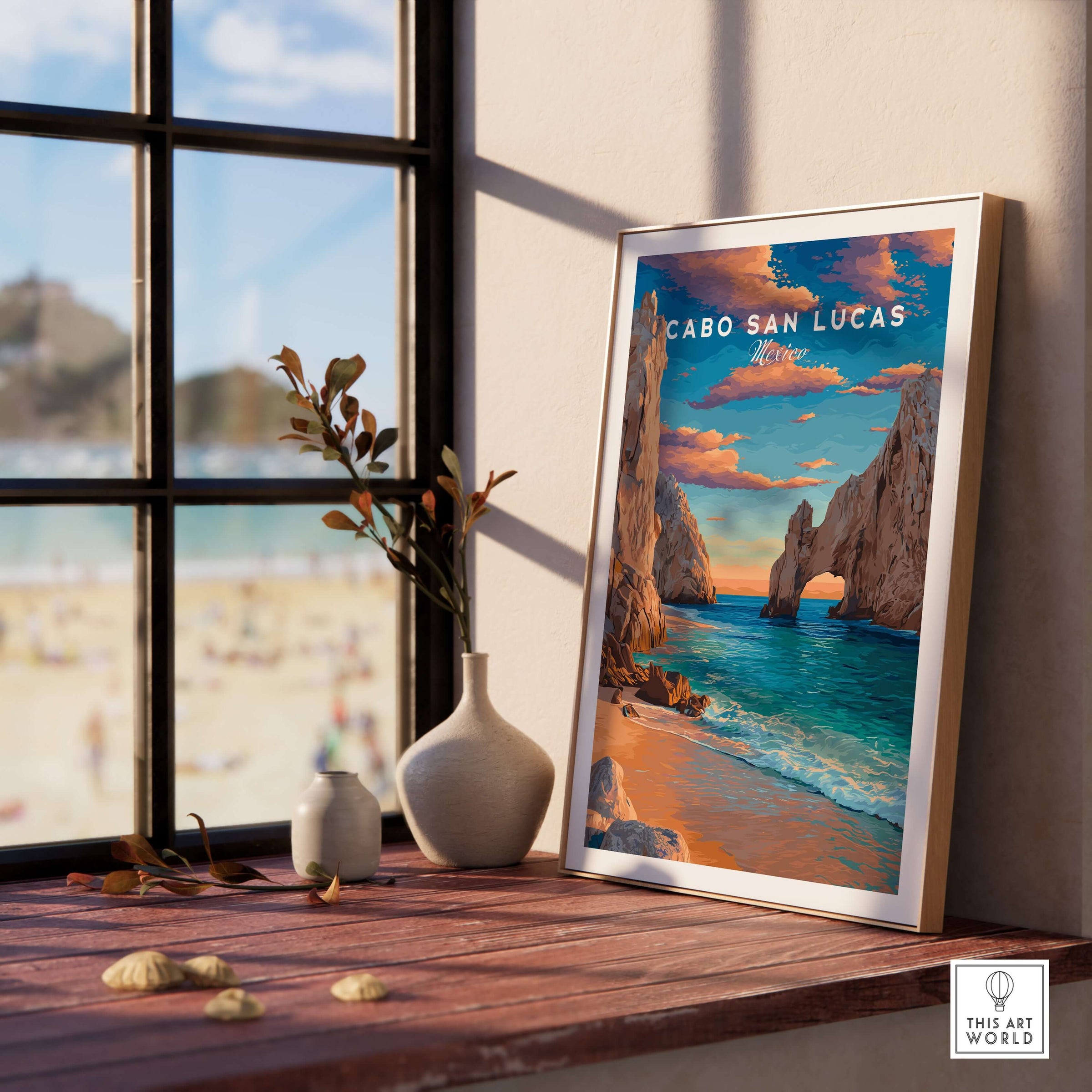 Cabo San Lucas Mexico Travel Print Sunset El Arco Poster Beach Wall Art Decor displayed indoors near a window.
