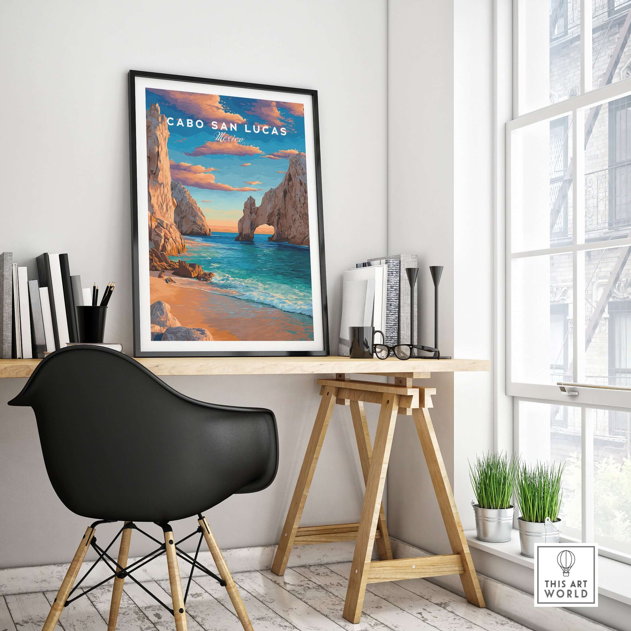 Cabo San Lucas Mexico Travel Print Sunset El Arco Poster Beach Wall Art Decor displayed in a modern home office setting.