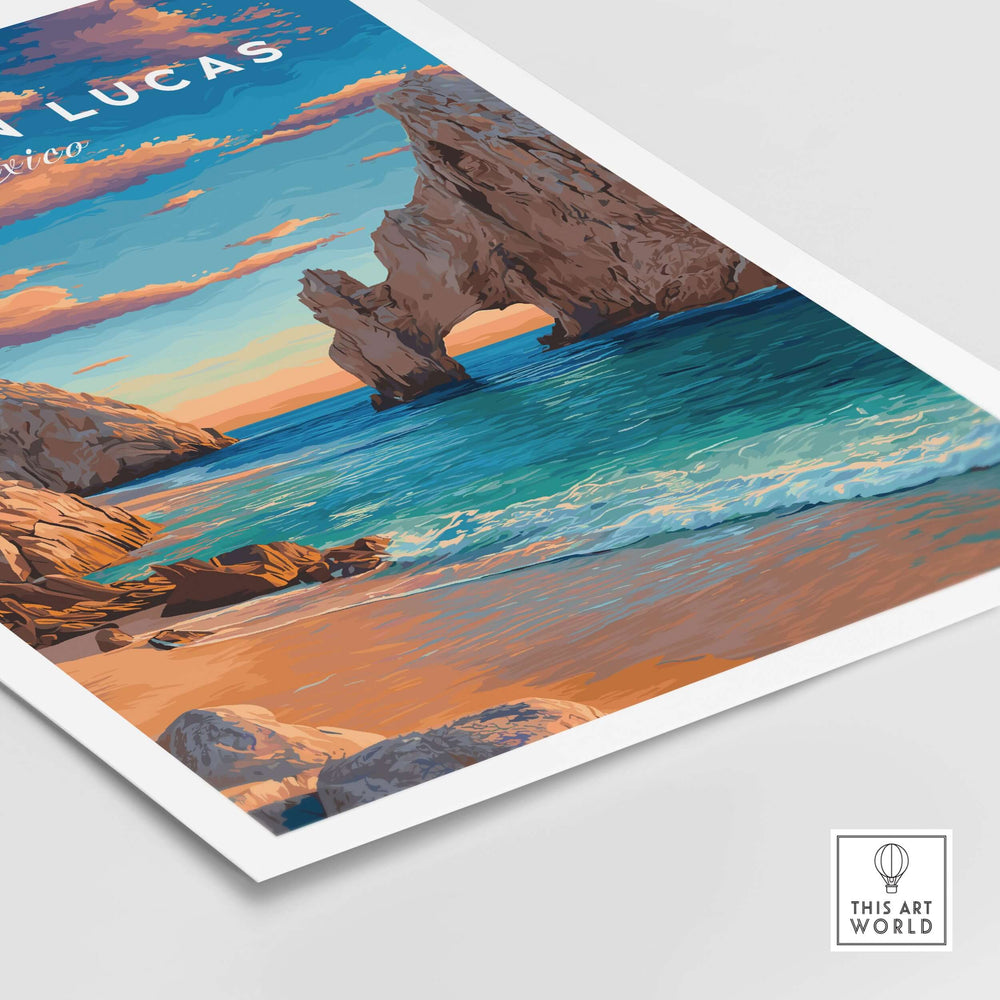 Cabo San Lucas sunset print featuring El Arco rock formation and sandy beach, vibrant colors and ocean waves.