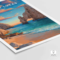 Cabo San Lucas Mexico Travel Print Sunset El Arco Poster Beach Wall Art Decor featuring a vibrant sunset and ocean view.