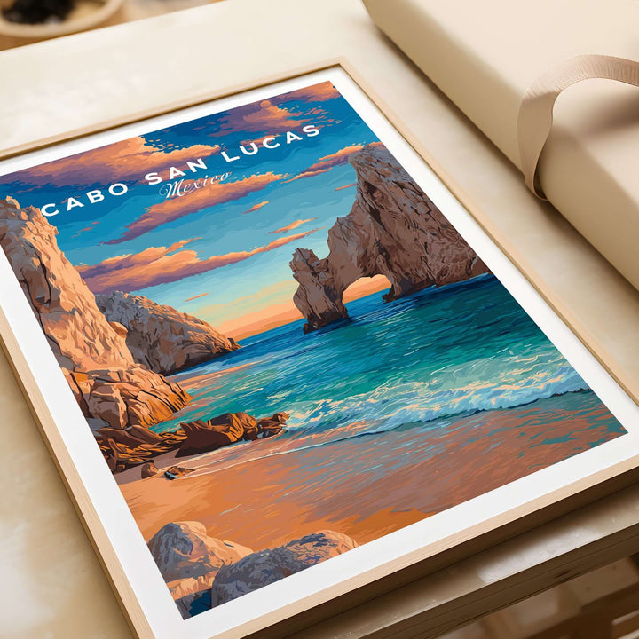 Cabo San Lucas sunset travel print featuring El Arco rock formation and sandy beach wall art decor