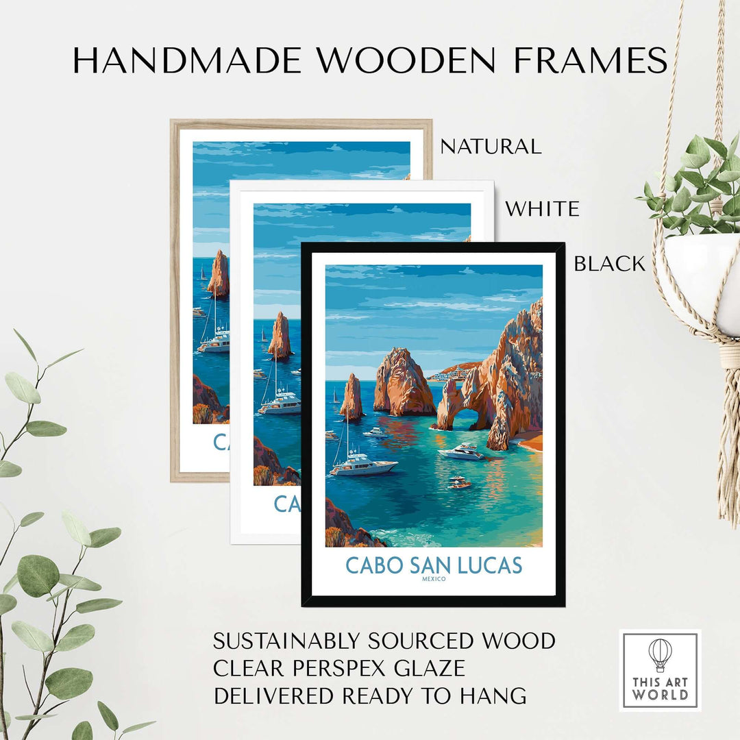 Cabo San Lucas travel poster in handmade wooden frames, showcasing turquoise water and El Arco boats.