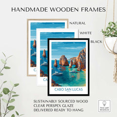Cabo San Lucas Mexico Travel Poster El Arco Boats Turquoise Water Print Wall Art displayed in handmade wooden frames.