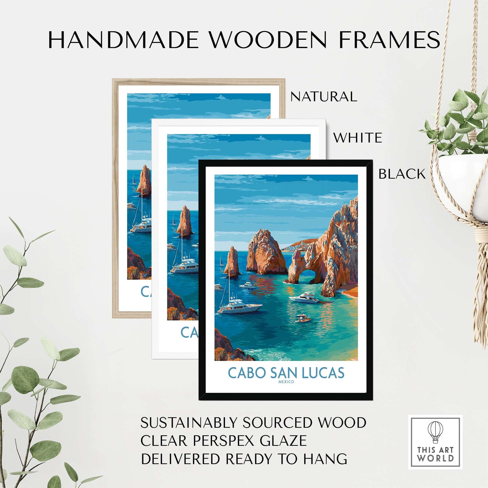 Cabo San Lucas Mexico Travel Poster El Arco Boats Turquoise Water Print Wall Art displayed in handmade wooden frames.