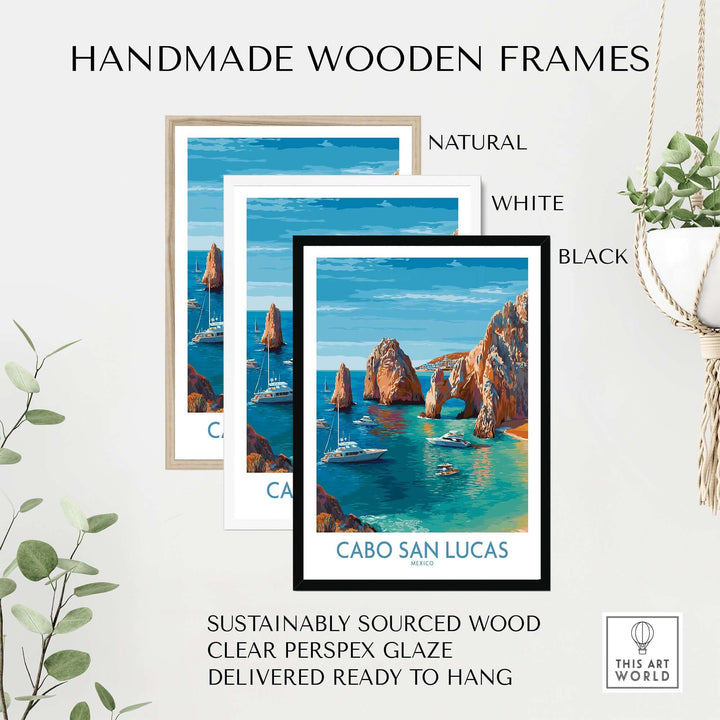 Cabo San Lucas travel poster in handmade wooden frames, showcasing turquoise water and El Arco boats.