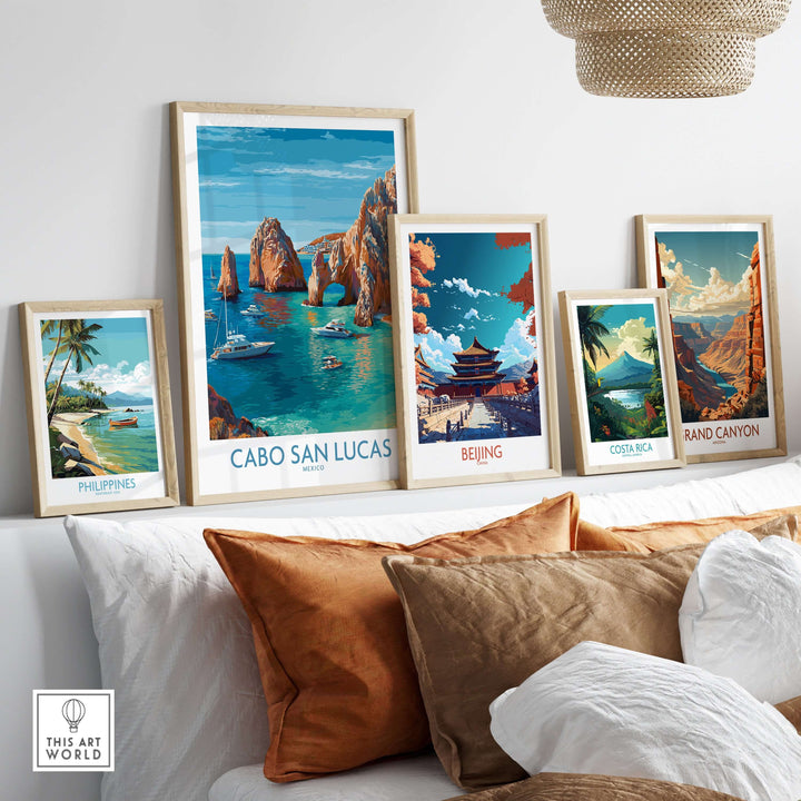 Cabo San Lucas travel poster featuring El Arco and boats, colorful wall art decor with other travel prints.
