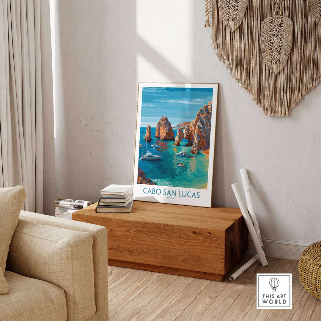 Cabo San Lucas travel poster featuring El Arco, boats, and turquoise water in a stylish home setting.