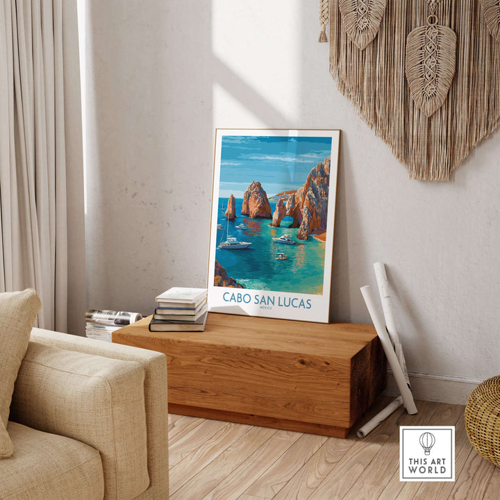 Cabo San Lucas travel poster featuring El Arco, boats, and turquoise water in a stylish home setting.