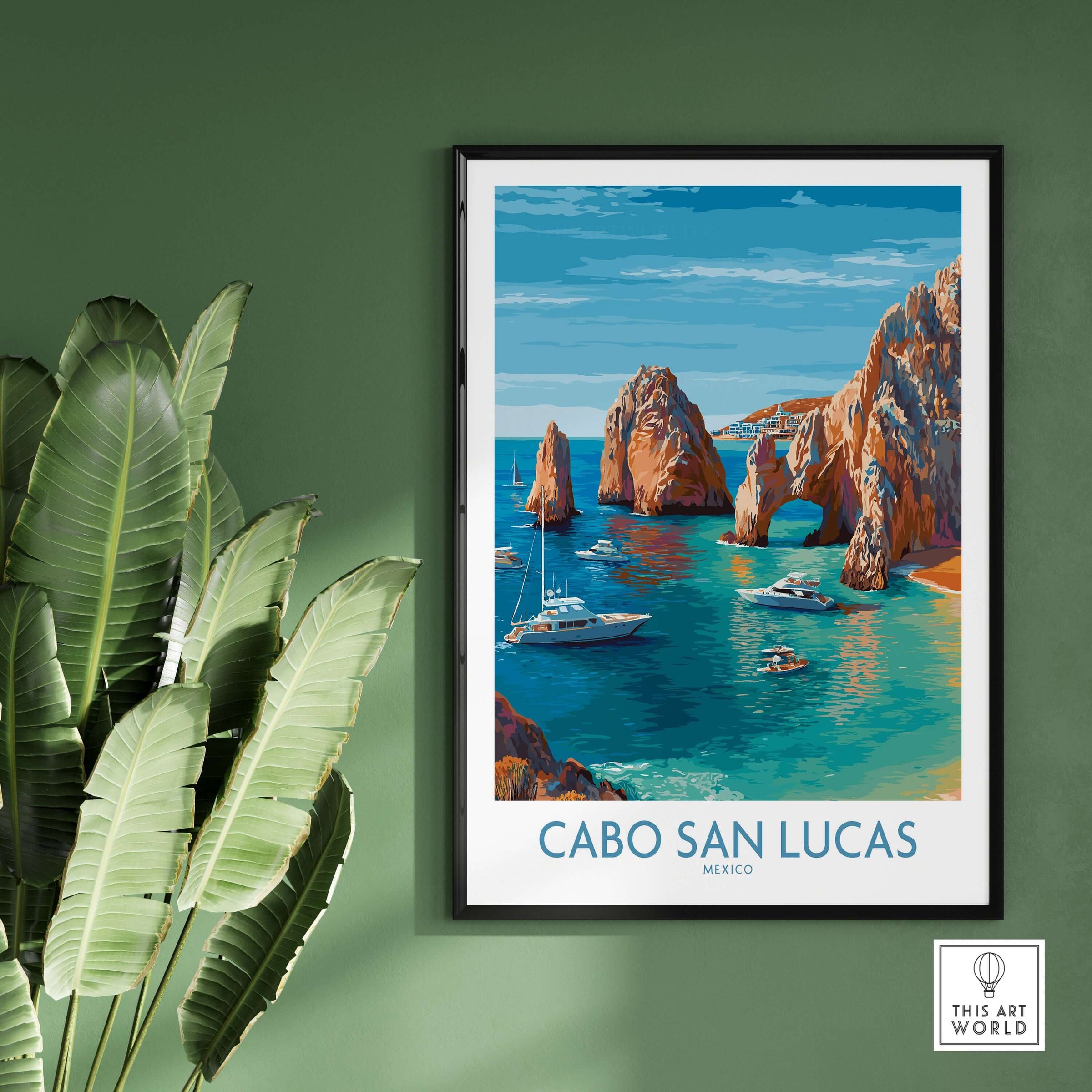 Cabo San Lucas Mexico Travel Poster El Arco Boats Turquoise Water Print Wall Art featuring yachts near rock formations.