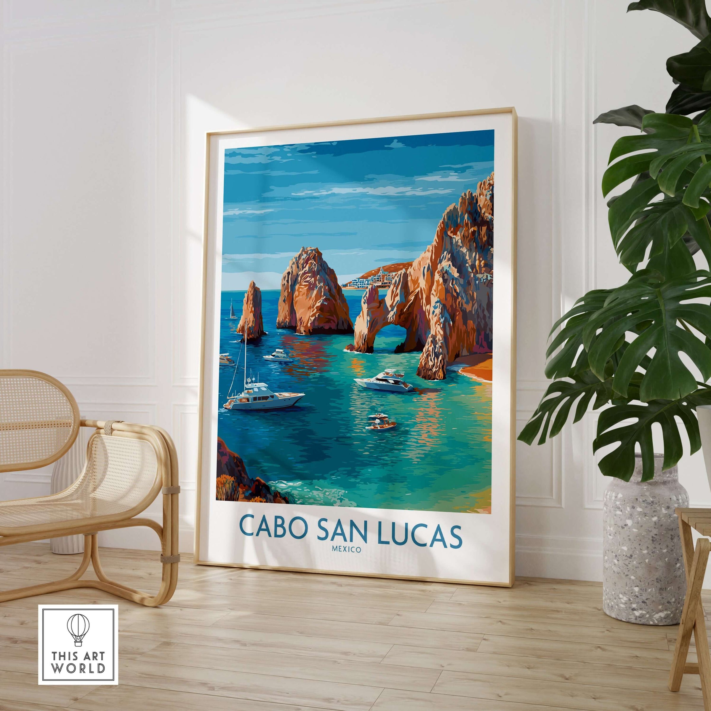 Cabo San Lucas Mexico Travel Poster El Arco Boats Turquoise Water Print Wall Art displayed in a stylish interior setting