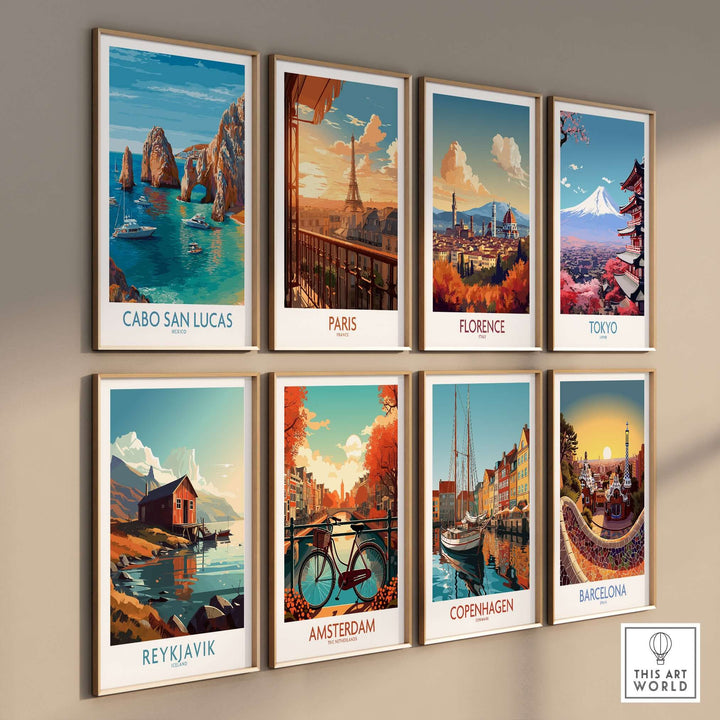 Colorful travel posters of iconic cities including Cabo San Lucas, Paris, Florence, Tokyo, and more, displayed in a stylish gallery.