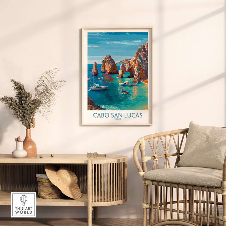 Cabo San Lucas travel poster featuring El Arco and boats in turquoise water, perfect wall art for beach lovers.