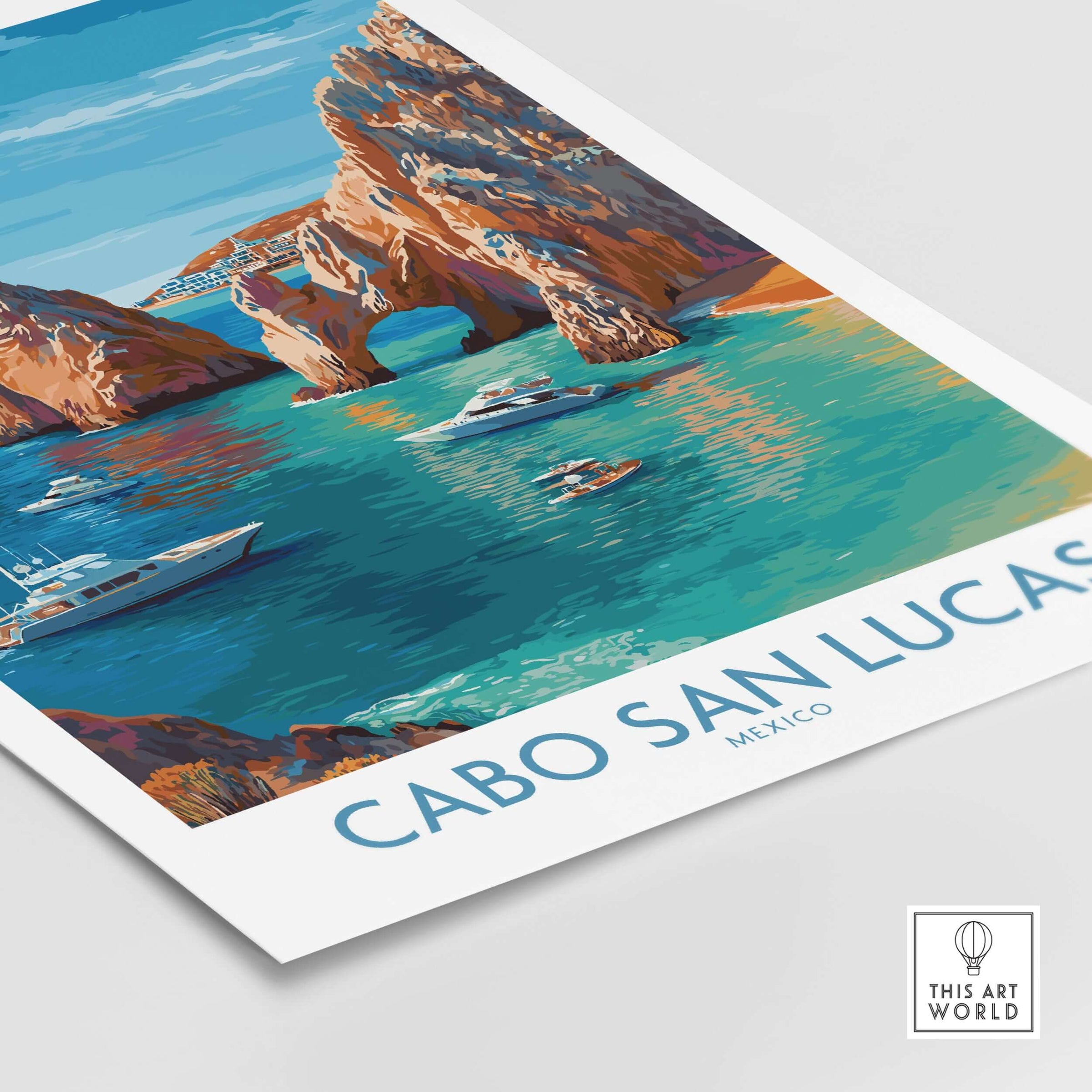 Cabo San Lucas Mexico Travel Poster El Arco Boats Turquoise Water Print Wall Art showcasing luxury yachts on vibrant waters.