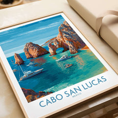 Cabo San Lucas Mexico Travel Poster El Arco Boats Turquoise Water Print Wall Art featuring El Arco and luxury yachts.