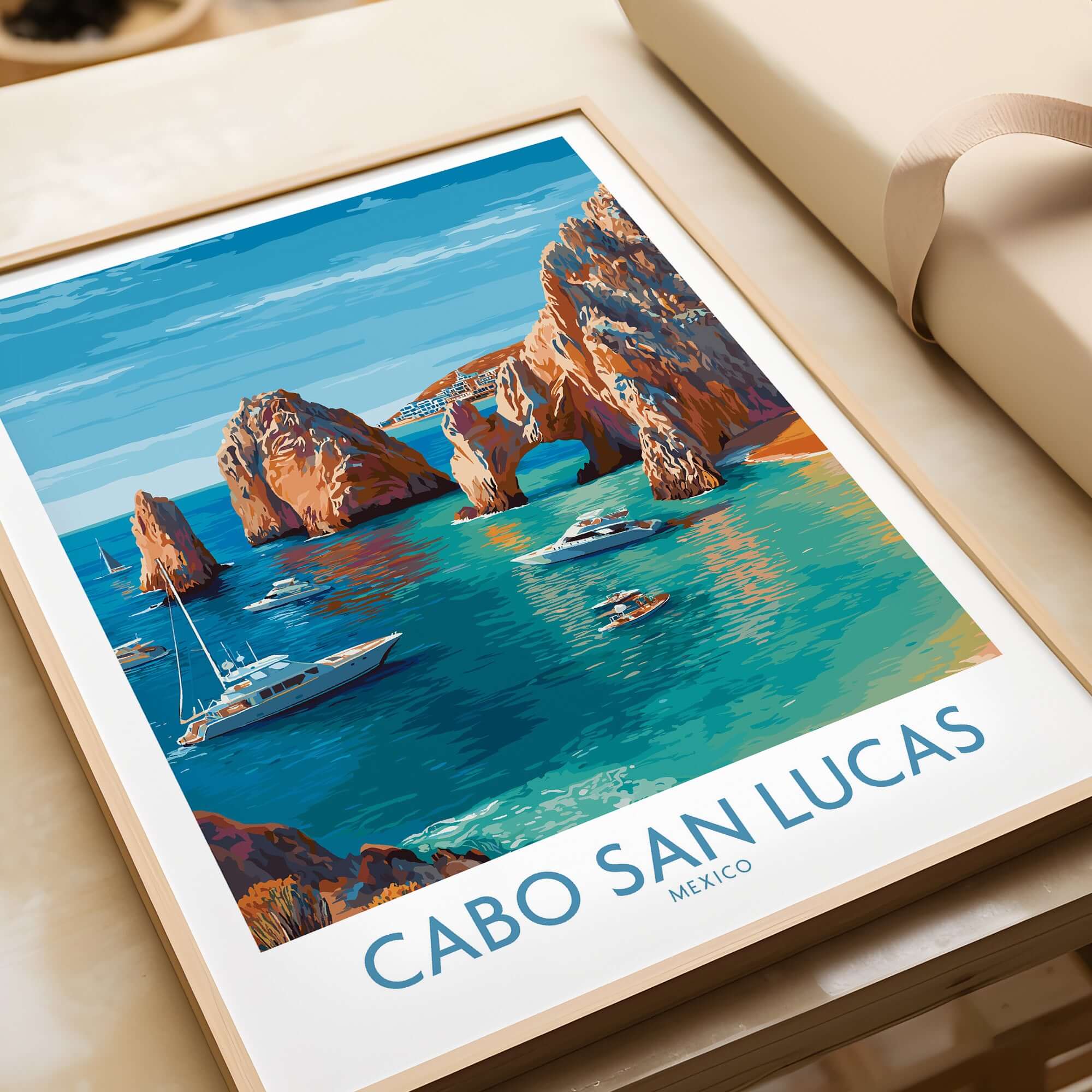 Cabo San Lucas Mexico Travel Poster El Arco Boats Turquoise Water Print Wall Art featuring El Arco and luxury yachts.