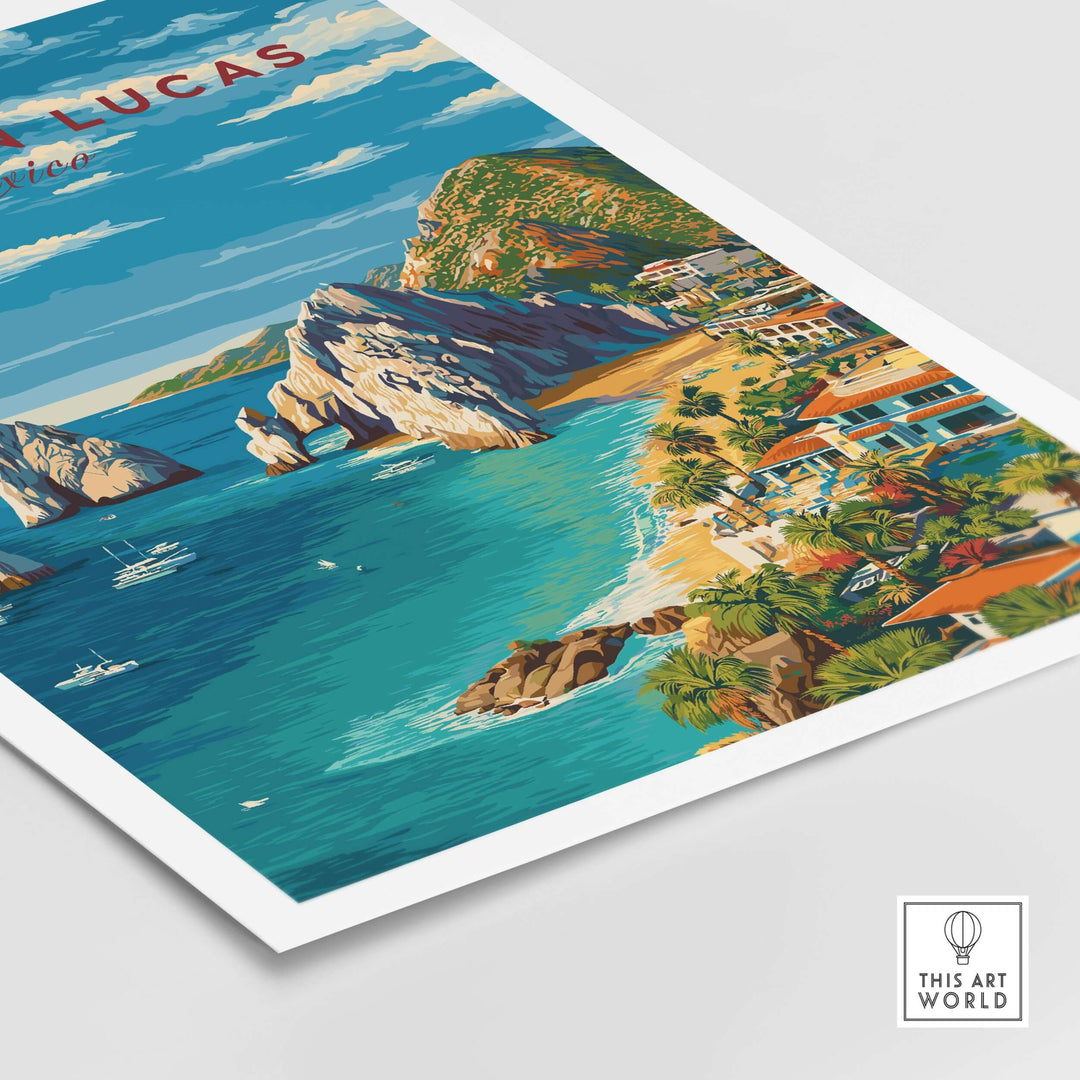 Cabo San Lucas Mexico travel print featuring coastline, beaches, resorts and rock formations in vibrant colors.