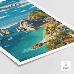 Cabo San Lucas Mexico Travel Print Coastal Town Beach Resorts Poster Wall Art showcasing the coastline and resorts.