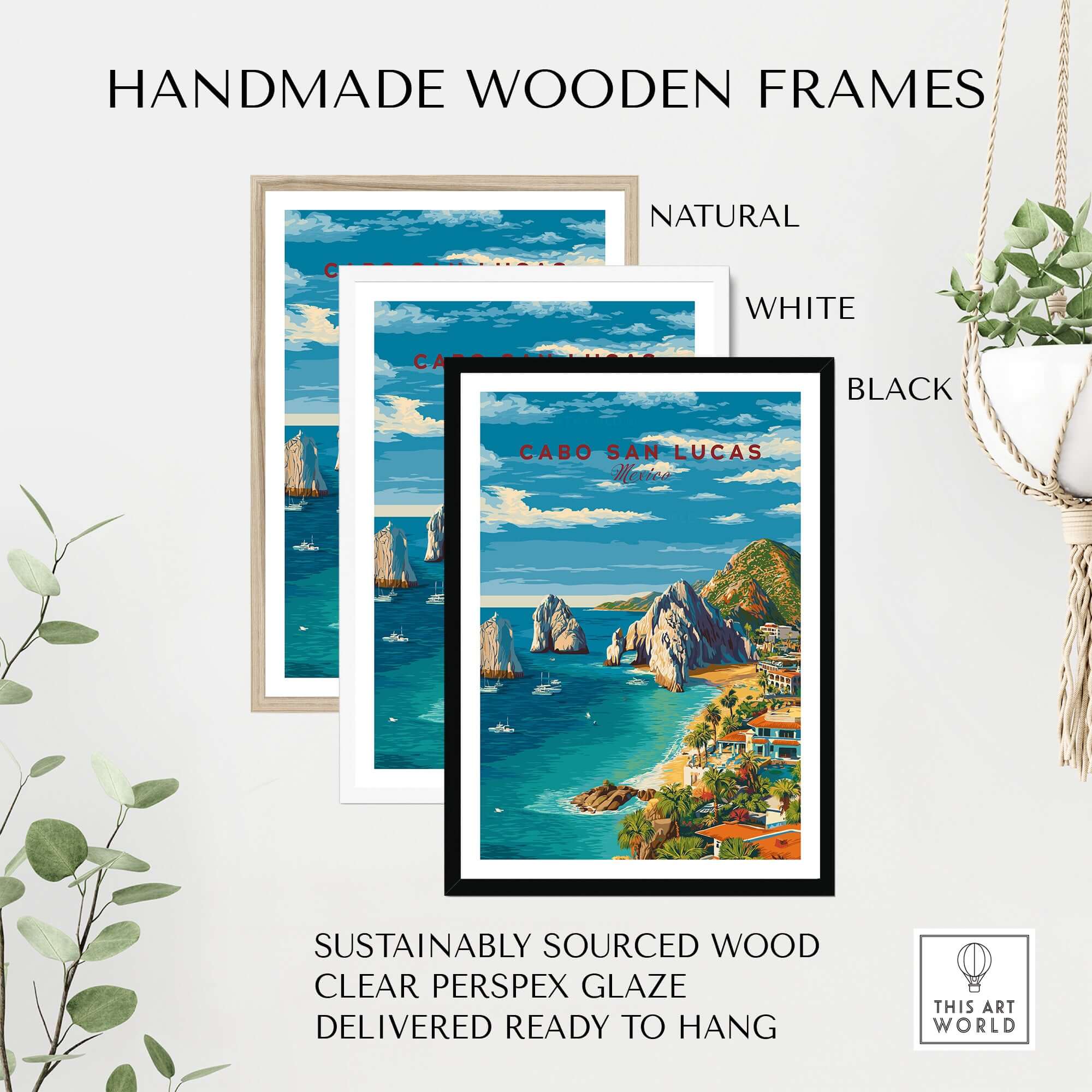 Cabo San Lucas Mexico Travel Print Coastal Town Beach Resorts Poster Wall Art in handmade wooden frames.