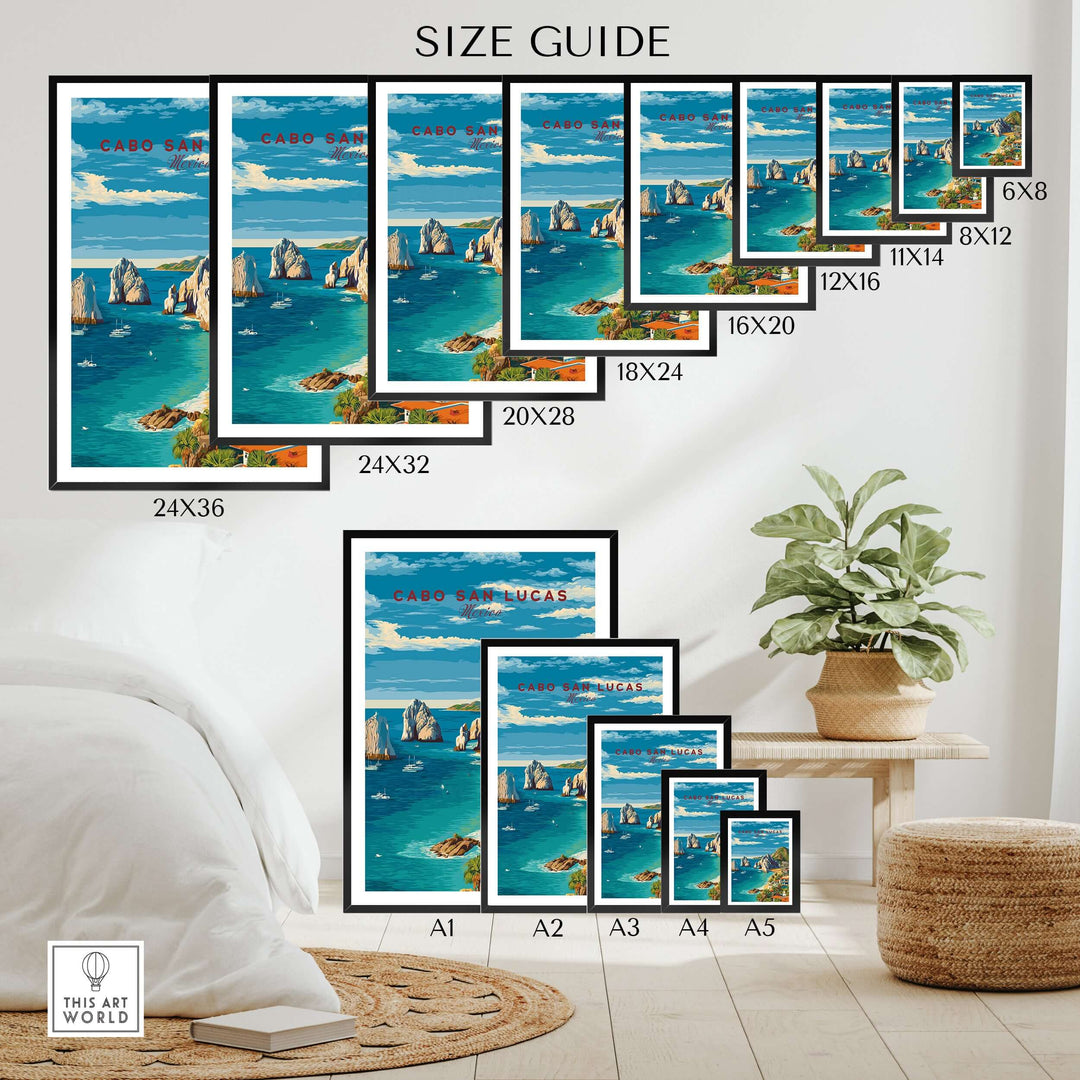 Cabo San Lucas travel print size guide featuring various framed poster options showcasing beachfront views.