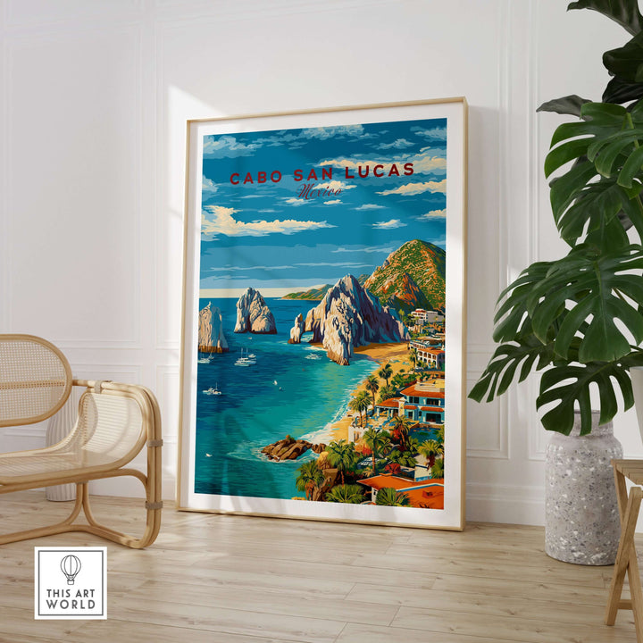 Cabo San Lucas Mexico travel print poster showcasing beach resorts, coastline, and iconic rock formations.