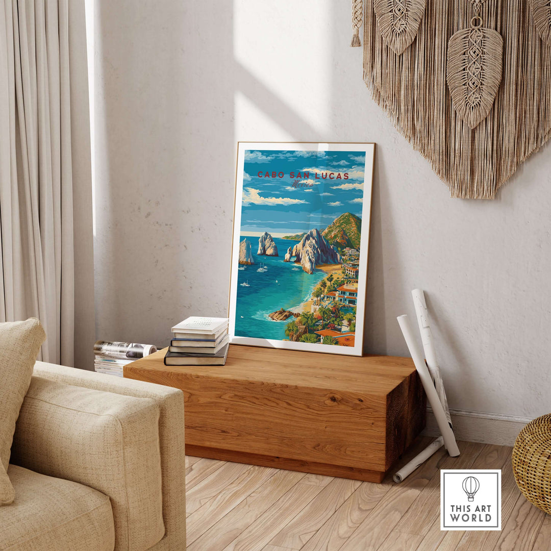 Cabo San Lucas travel print poster featuring beaches, resorts, and coastal landscapes in a stylish interior setting.