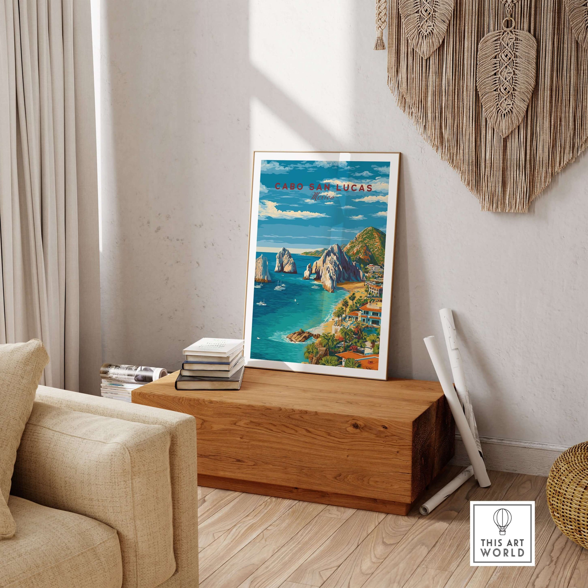 Cabo San Lucas Mexico Travel Print Coastal Town Beach Resorts Poster Wall Art displayed in a cozy living room setting.