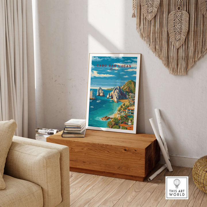 Cabo San Lucas travel print poster featuring beaches, resorts, and coastal landscapes in a stylish interior setting.