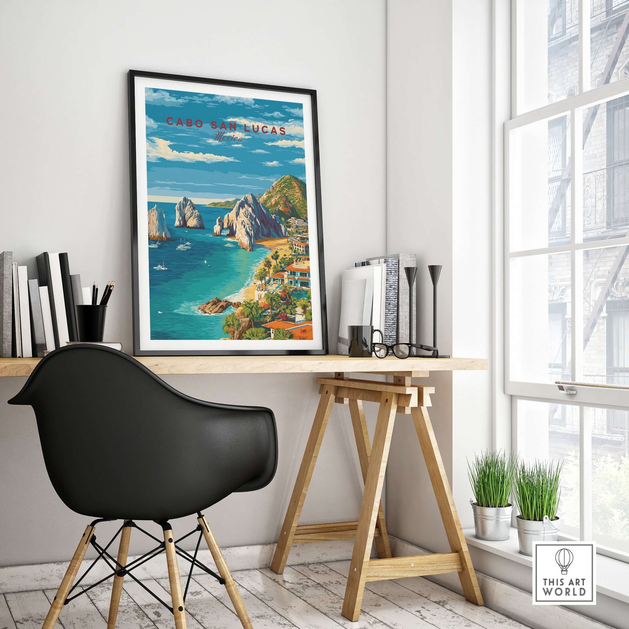 Cabo San Lucas Mexico Travel Print Coastal Town Beach Resorts Poster Wall Art displayed in a modern workspace.