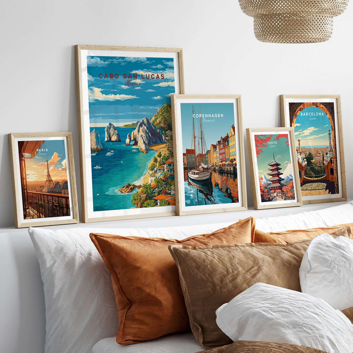 Cabo San Lucas Mexico travel print with coastal views and vibrant wall art displayed on a stylish bed decor.