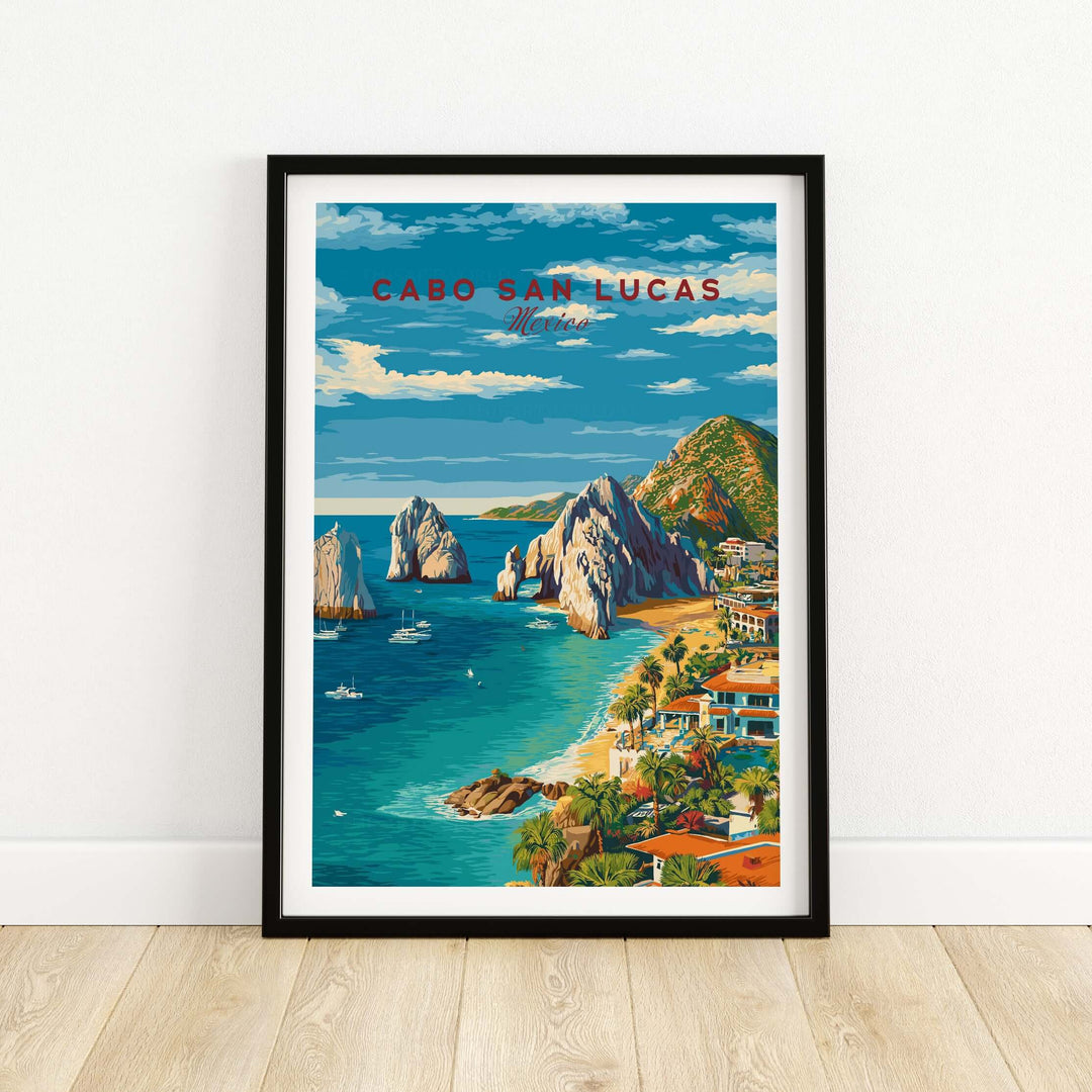 Cabo San Lucas travel print showcasing beaches, resorts, and rock formations under a blue sky.