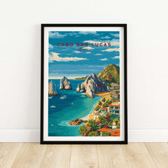 Cabo San Lucas Mexico Travel Print Coastal Town Beach Resorts Poster Wall Art featuring colorful coastline and rock formations.