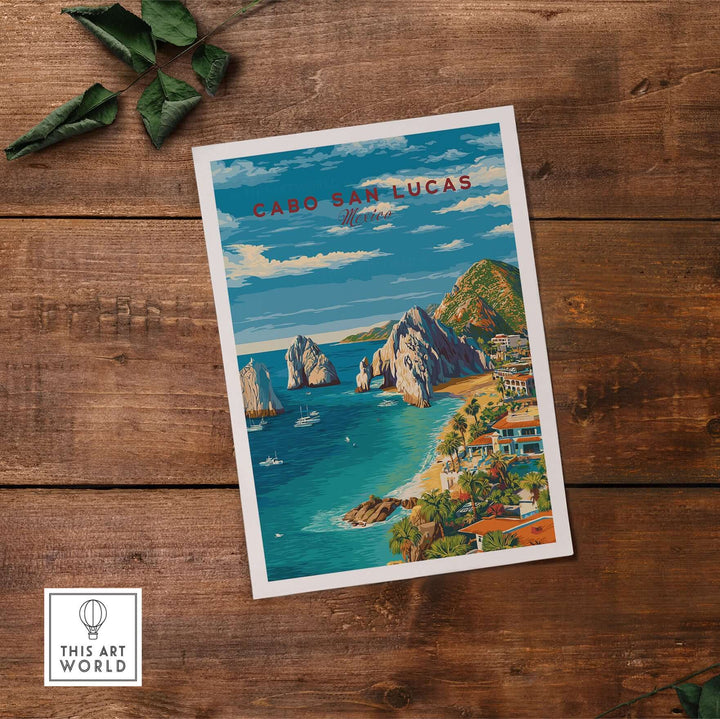 Cabo San Lucas Mexico travel print showcasing beaches, resorts, and rock formations under a blue sky.