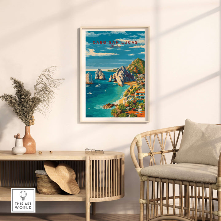 Cabo San Lucas travel print showcasing coastal views, sandy beaches, and resorts in a stylish living room setting.