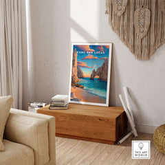 Cabo San Lucas Mexico Travel Print Sunset El Arco Poster Beach Wall Art Decor displayed in a stylish interior setting.