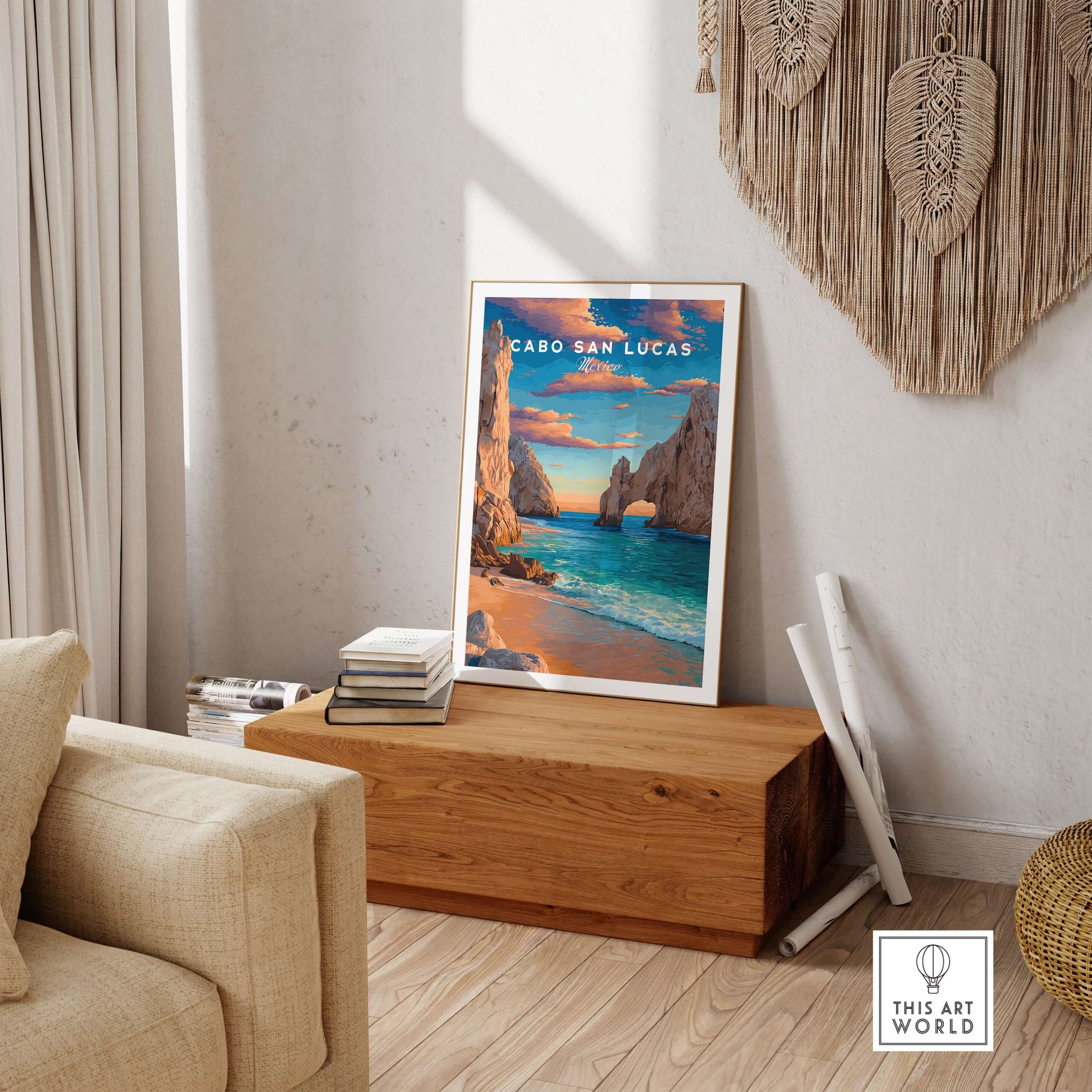 Cabo San Lucas Mexico Travel Print Sunset El Arco Poster Beach Wall Art Decor displayed in a stylish interior setting.