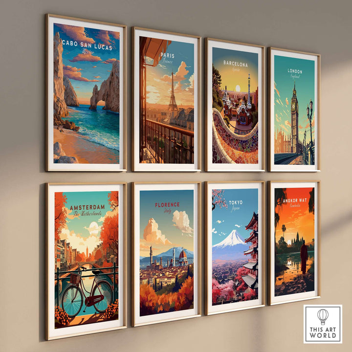 Framed travel prints including Cabo San Lucas, Paris, Barcelona, London, Amsterdam, Florence, Tokyo, and Angkor Wat.