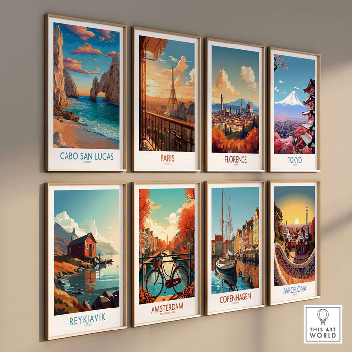 Travel poster collection showcasing iconic cities including Cabo San Lucas, Paris, Florence, and Tokyo.