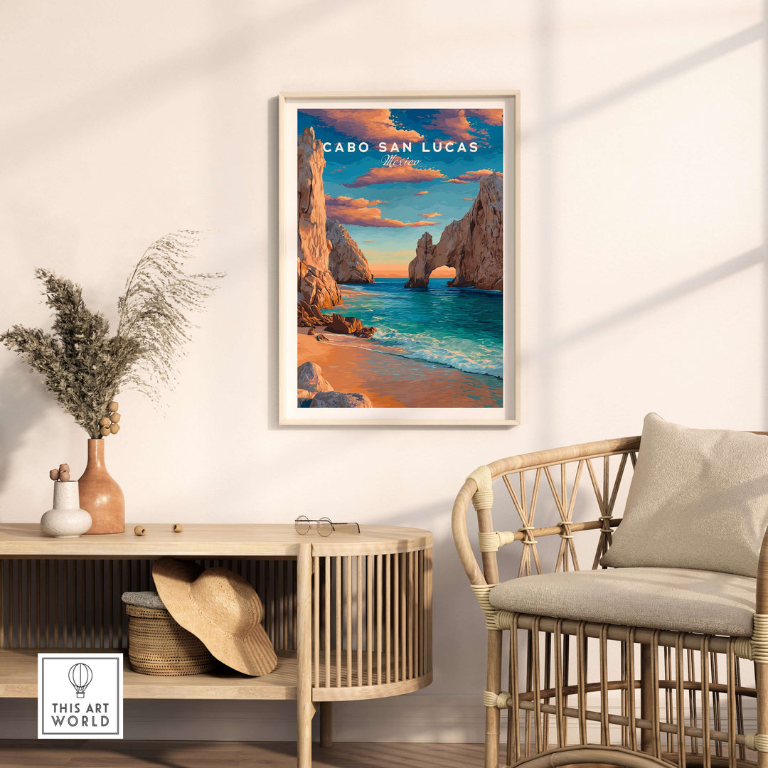 Cabo San Lucas sunset travel print poster featuring El Arco rock formation and beach decor.