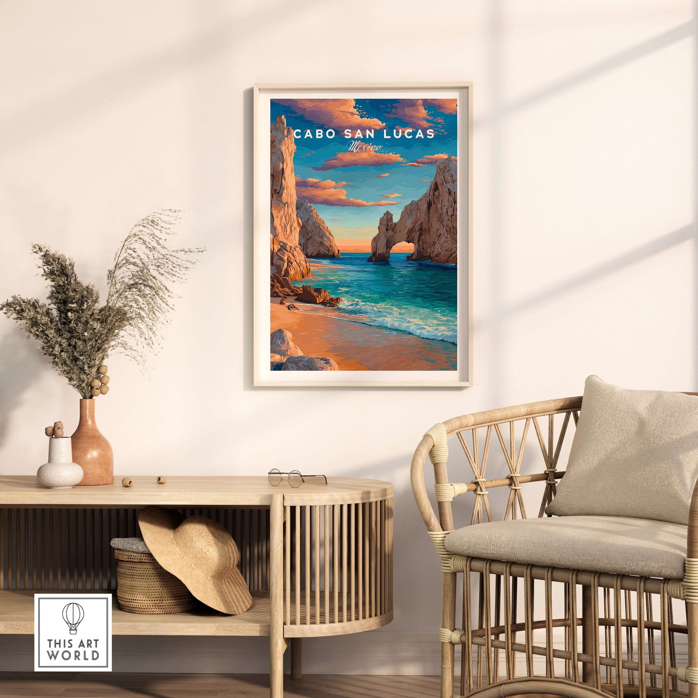 Cabo San Lucas Mexico Travel Print Sunset El Arco Poster Beach Wall Art Decor in stylish home setting with natural light.