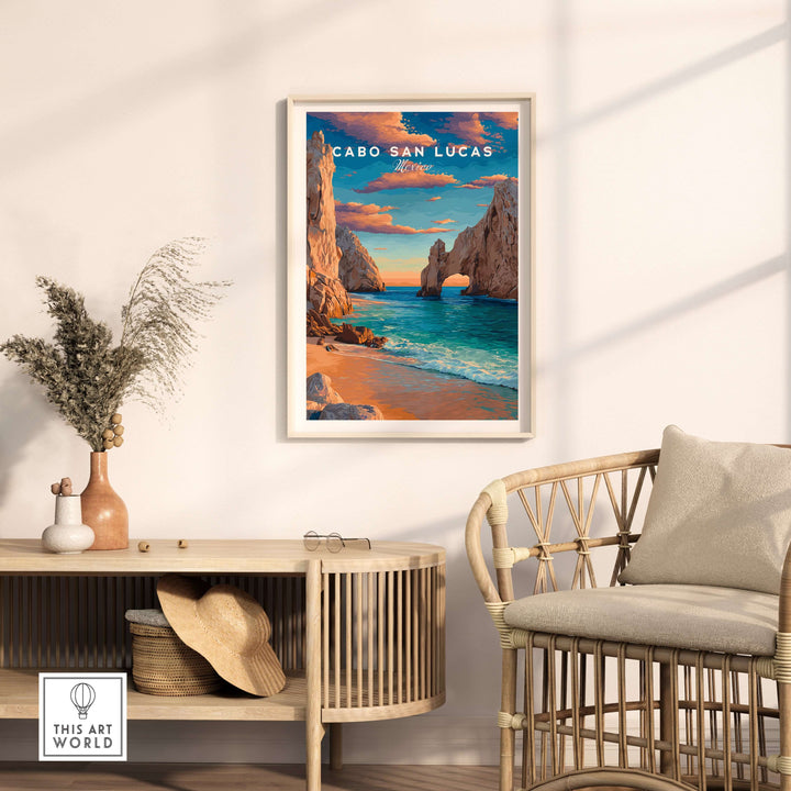 Cabo San Lucas sunset travel print poster featuring El Arco rock formation and beach decor.