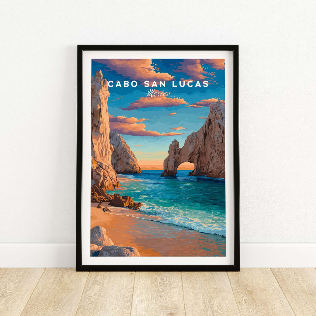 Cabo San Lucas travel print poster featuring El Arco at sunset with beach and colorful sky.