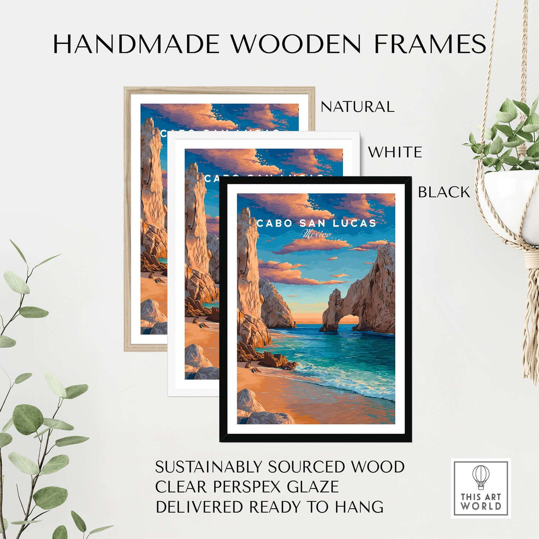 Handmade wooden frames for Cabo San Lucas beach print in natural, white, and black finishes, ready to hang.