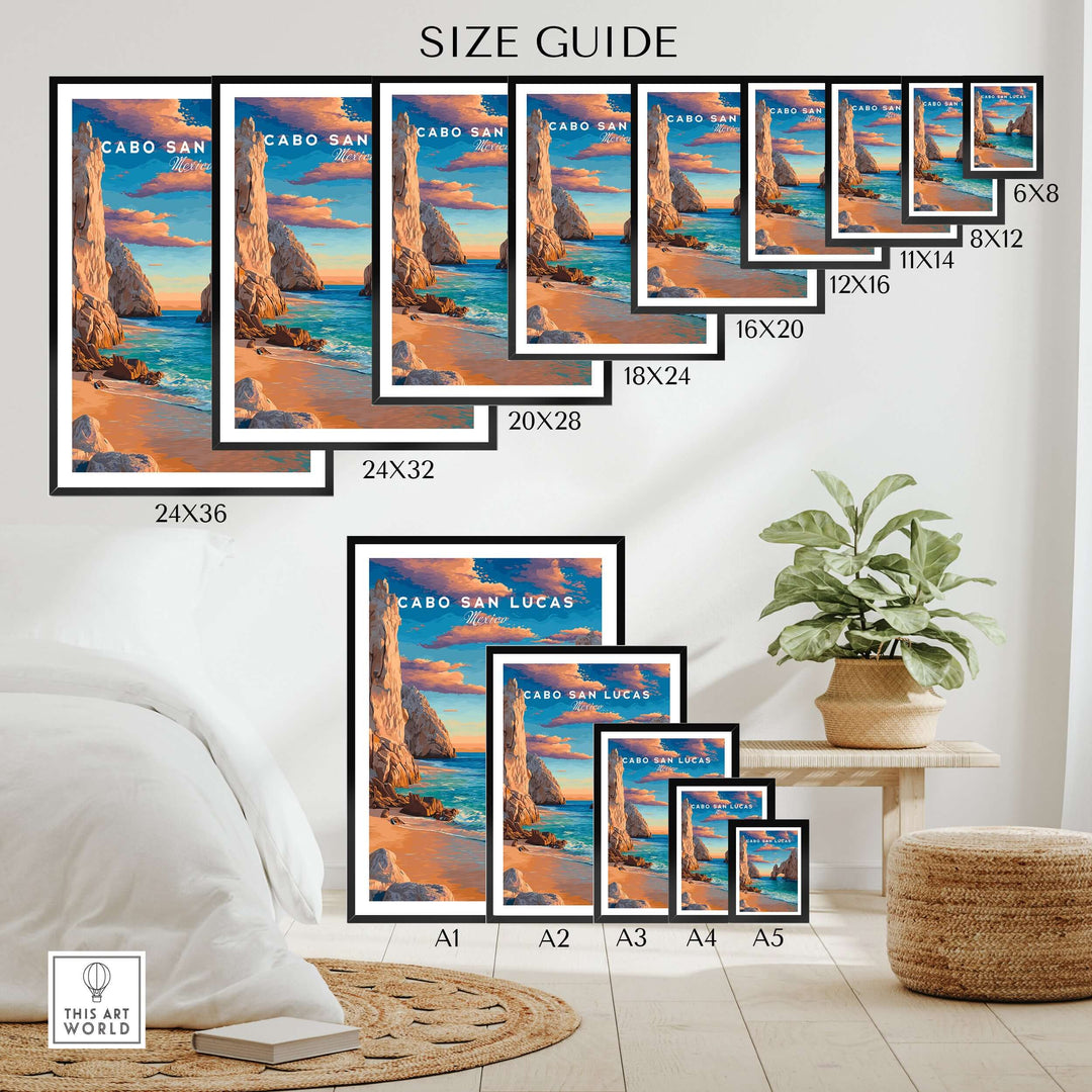 Cabo San Lucas travel print size guide showcasing various poster dimensions with beach scene decor