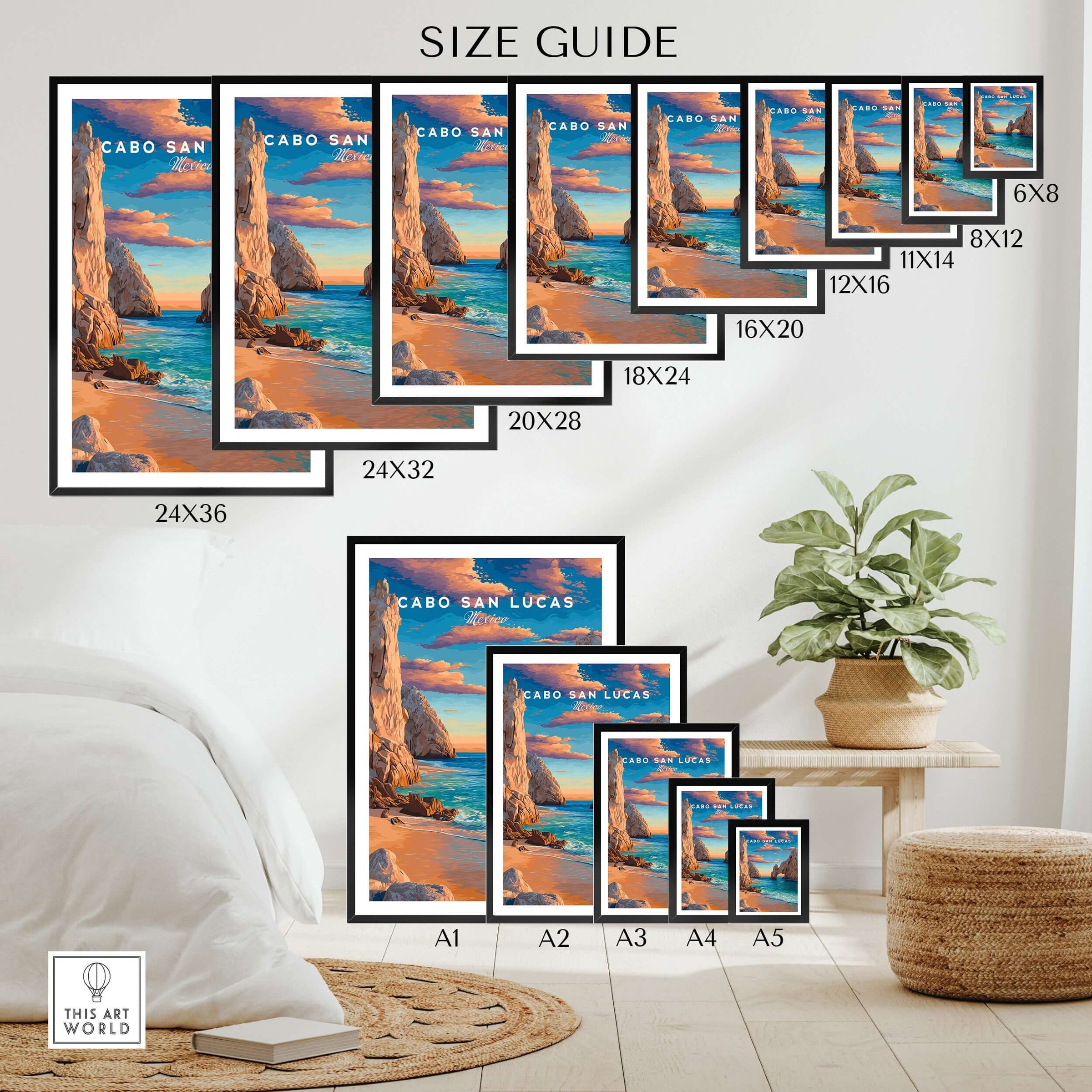 Cabo San Lucas Mexico Travel Print Sunset El Arco Poster Beach Wall Art Decor size guide showing various frame sizes