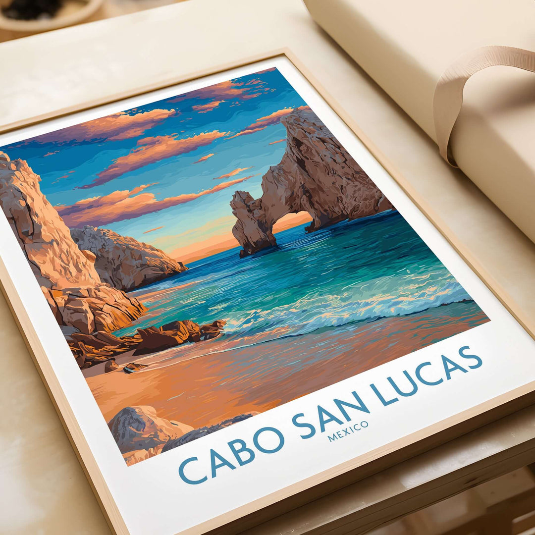 Cabo San Lucas sunset poster showcasing El Arco, ocean waves and coastal landscape in vibrant colors.