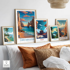El Arco Cabo San Lucas Sunset Poster Mexico Coastal Landscape Travel Print Wall Art displayed among other travel posters.