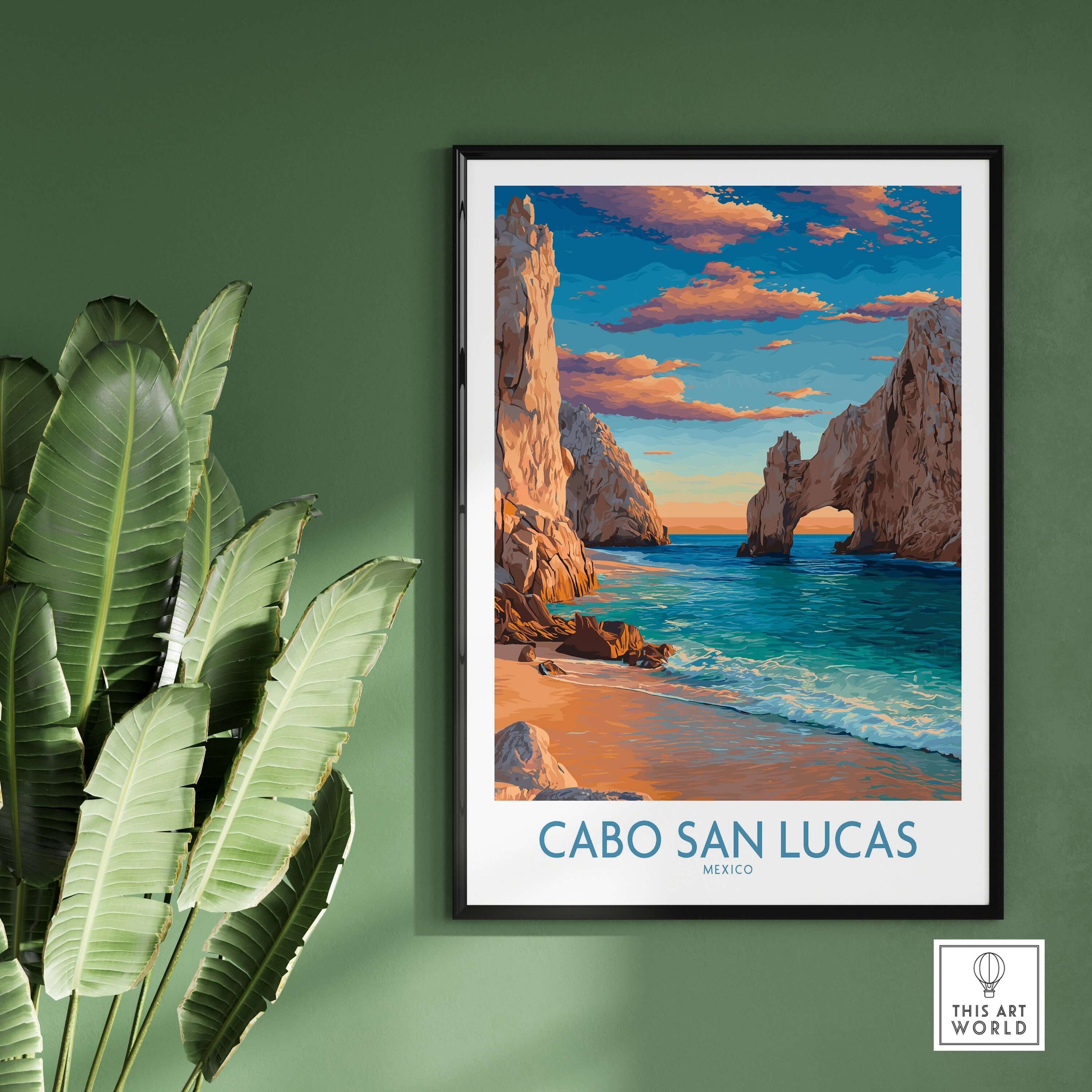 El Arco Cabo San Lucas Sunset Poster Mexico Coastal Landscape Travel Print Wall Art featuring vibrant beach scenery.
