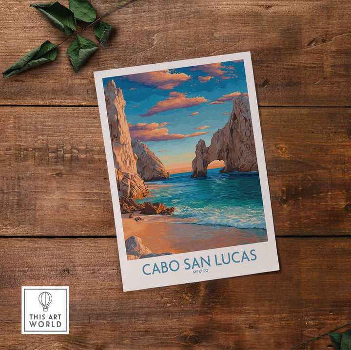 Cabo San Lucas sunset poster featuring El Arco and coastal scenery, perfect for travel-themed wall art.